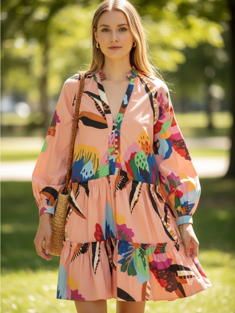 Farm Rio Lucy Mini Floral Pink Multicolor Tropical Tiered Dress - Picture 1 of 9